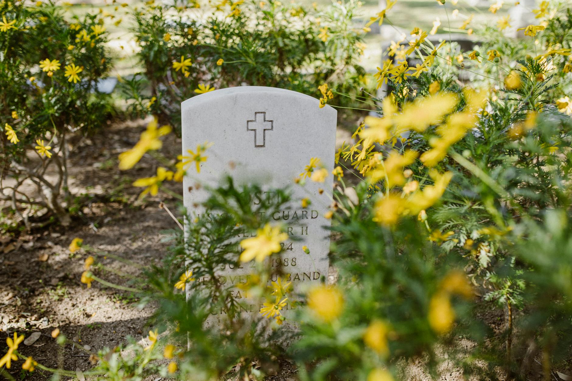 a marble tombstone surrounded with yellow flowers